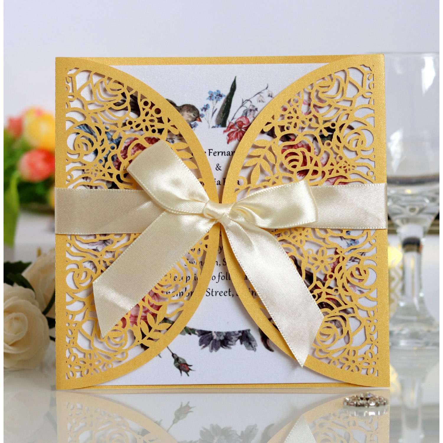 Elegant Invitation Card Square Wedding Card Big Ribbon Bow Customization